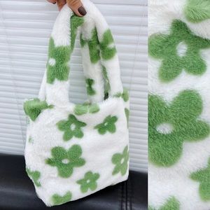Y2K FASHION FLUFFY PLUSH GREEN FLOWER MINI TOTE BAG